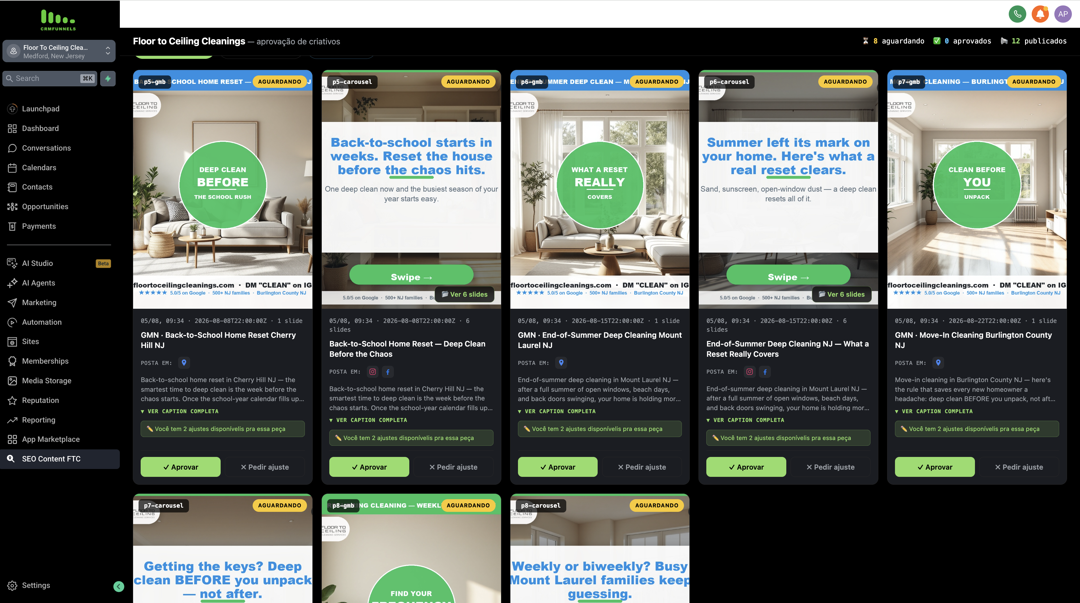 SEO Content rodando dentro da CRM Funnels — conteúdo publicando no automático